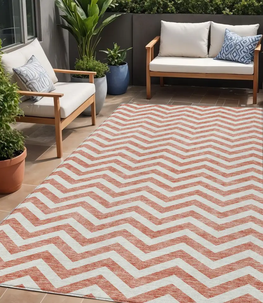 Salmon And Ivory Chevron Washable Indoor Outdoor Area Rug Photo 1