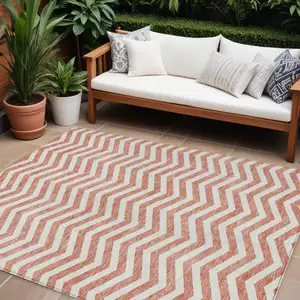 Photo of Salmon And Ivory Chevron Washable Indoor Outdoor Area Rug
