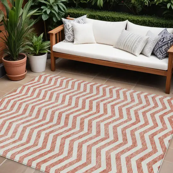 Salmon And Ivory Chevron Washable Indoor Outdoor Area Rug Photo 1