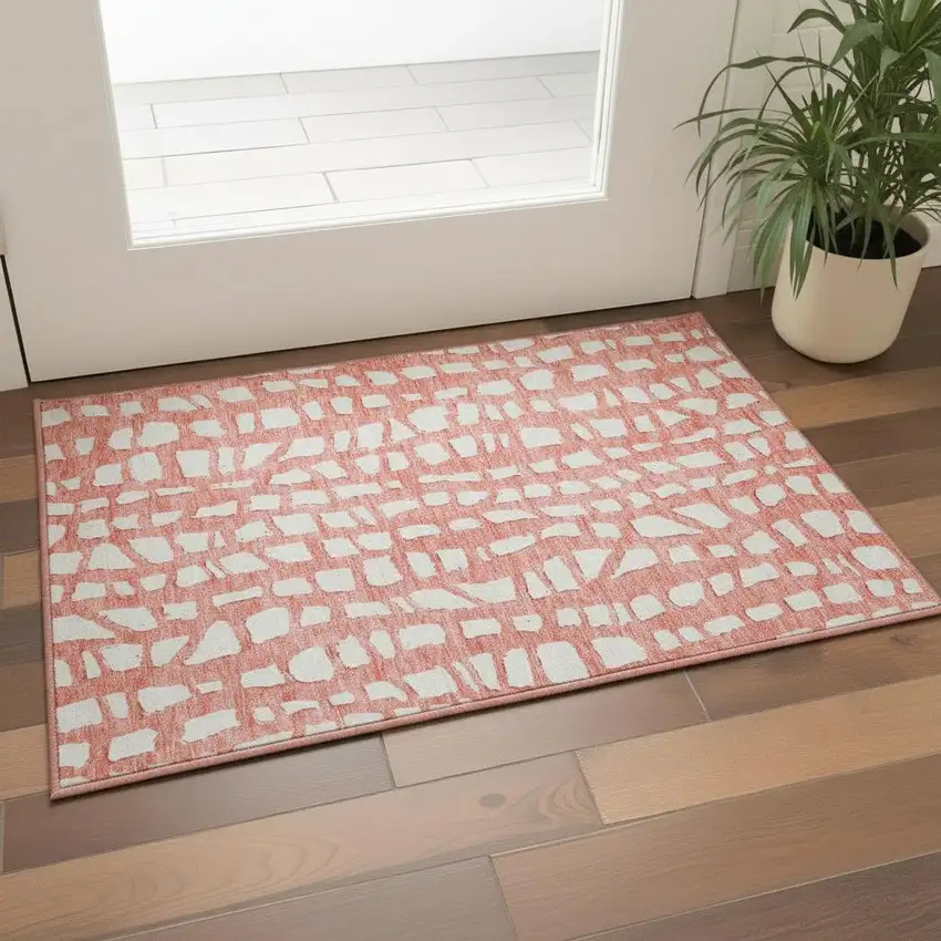 Salmon And Ivory Cobblestone Washable Area Rug With UV Protection Photo 2