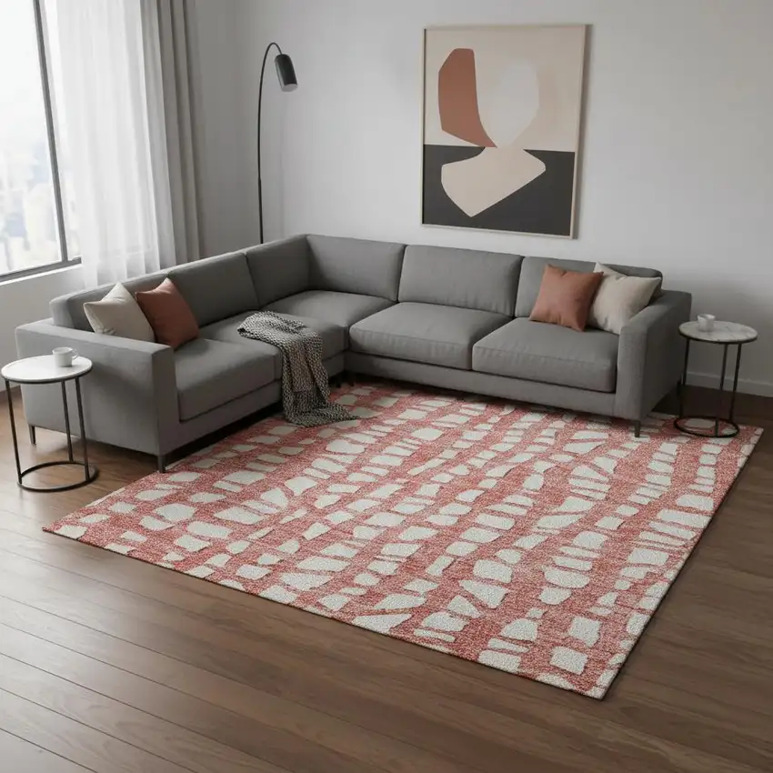 Salmon And Ivory Cobblestone Washable Area Rug With UV Protection Photo 2