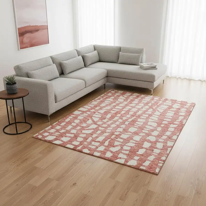 Salmon And Ivory Cobblestone Washable Area Rug With UV Protection Photo 2