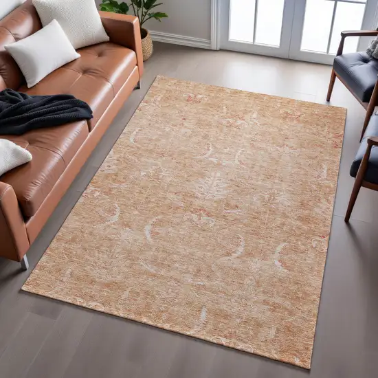 Salmon And Ivory Damask Washable Area Rug With UV Protection Photo 5