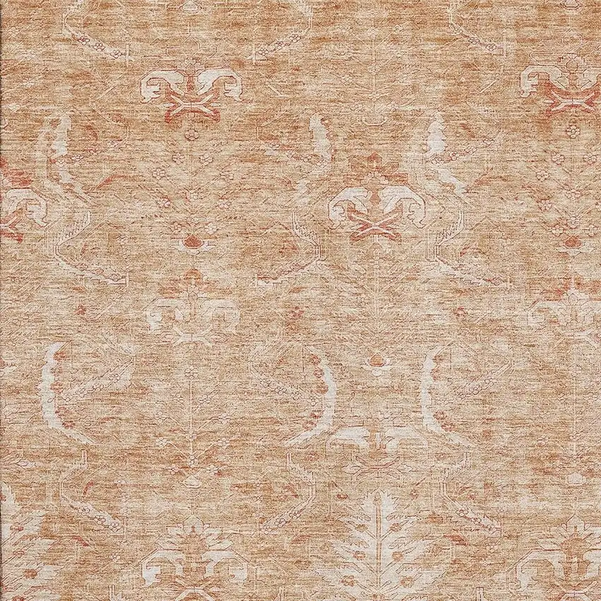 Salmon And Ivory Damask Washable Area Rug With UV Protection Photo 3