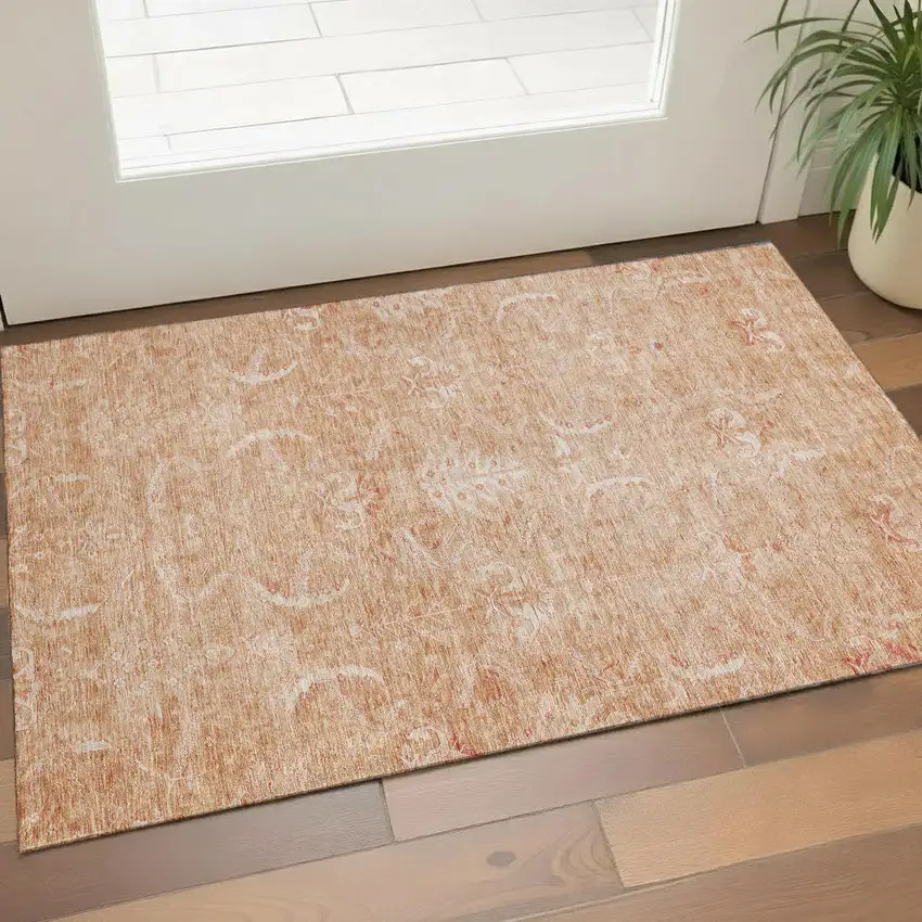 Salmon And Ivory Damask Washable Area Rug With UV Protection Photo 1