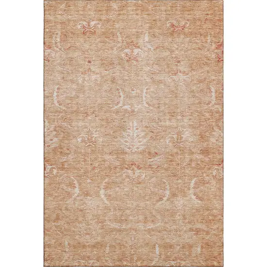 Salmon And Ivory Damask Washable Area Rug With UV Protection Photo 6