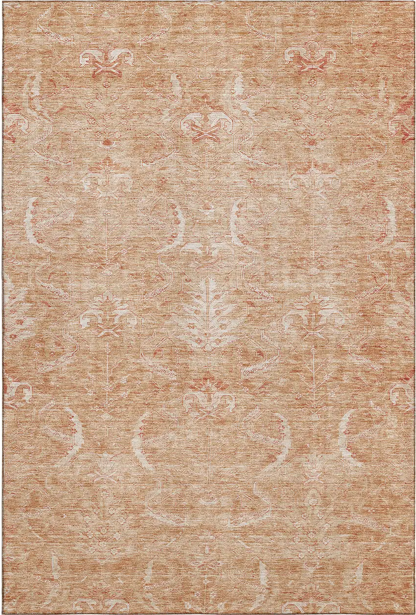 Salmon And Ivory Damask Washable Area Rug With UV Protection Photo 6