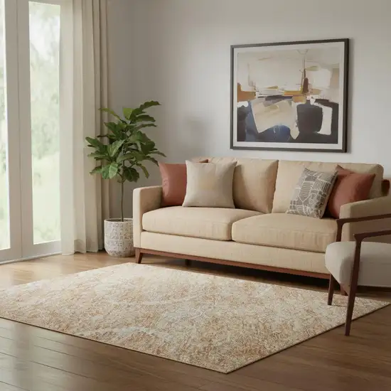 Salmon And Ivory Damask Washable Area Rug With UV Protection Photo 2