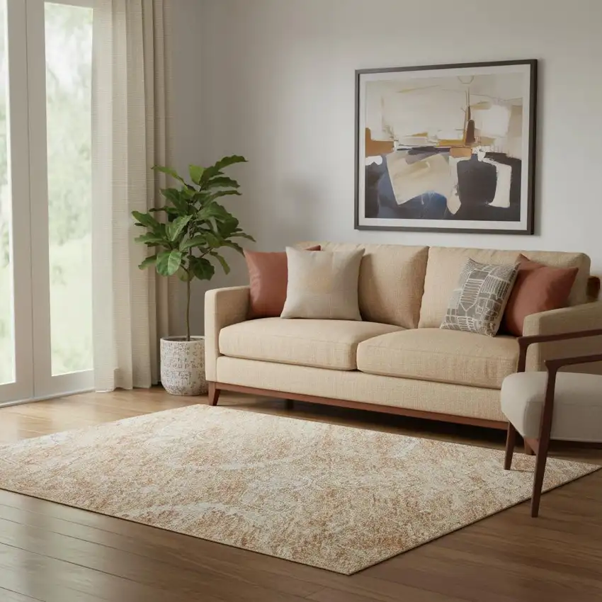 Salmon And Ivory Damask Washable Area Rug With UV Protection Photo 2