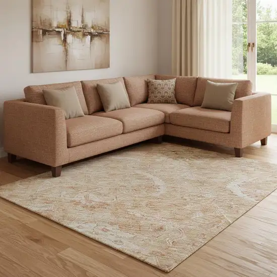 Salmon And Ivory Damask Washable Area Rug With UV Protection Photo 2