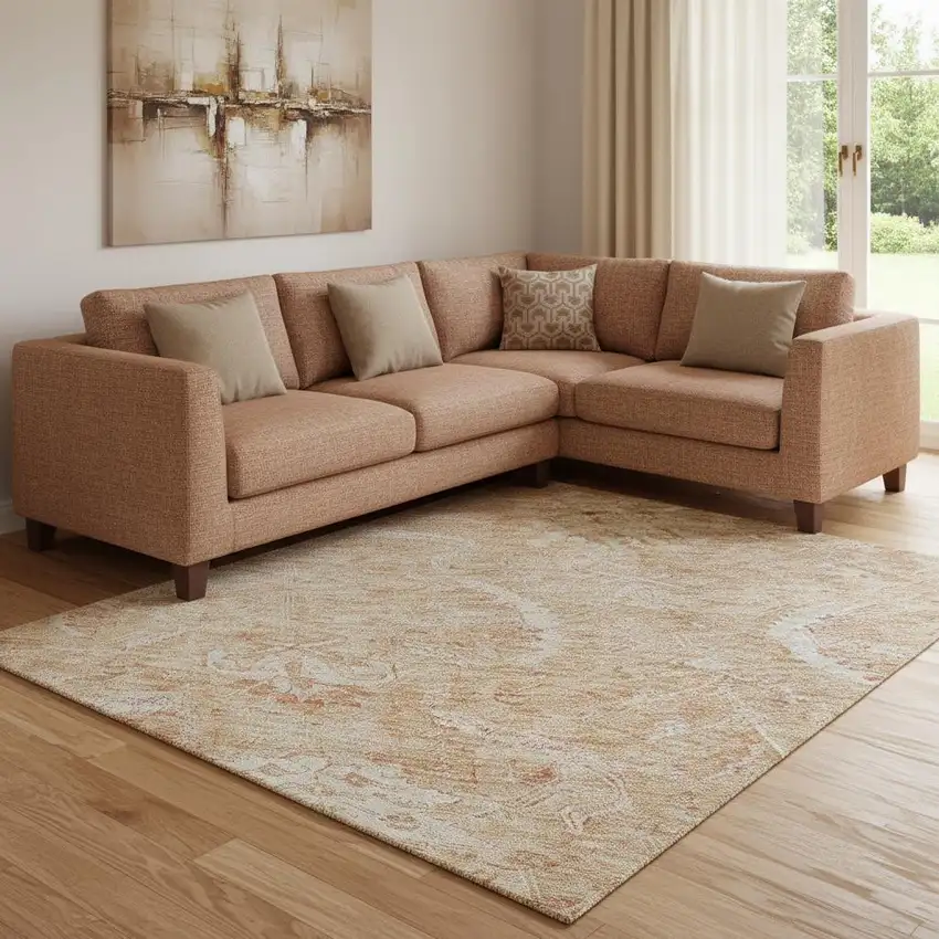 Salmon And Ivory Damask Washable Area Rug With UV Protection Photo 2