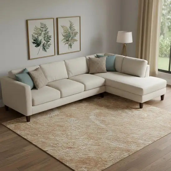 Salmon And Ivory Damask Washable Area Rug With UV Protection Photo 2