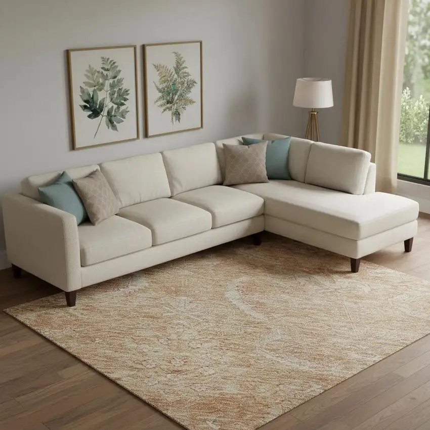 Salmon And Ivory Damask Washable Area Rug With UV Protection Photo 2