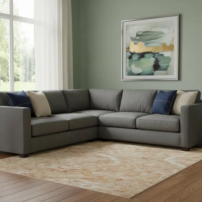 Salmon And Ivory Damask Washable Area Rug With UV Protection Photo 2