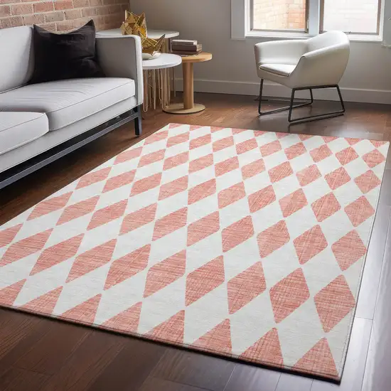 Salmon And Ivory Diamond Washable Area Rug With UV Protection Photo 6
