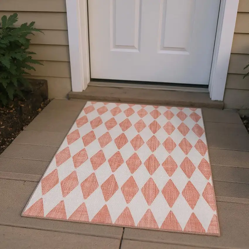 Salmon And Ivory Diamond Washable Area Rug With UV Protection Photo 2