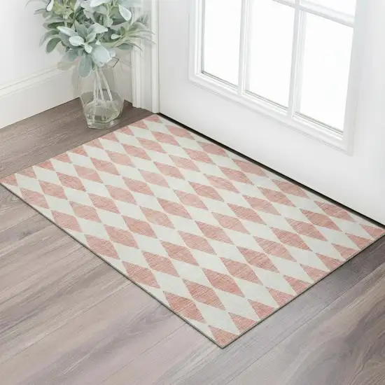 Salmon And Ivory Diamond Washable Area Rug With UV Protection Photo 1