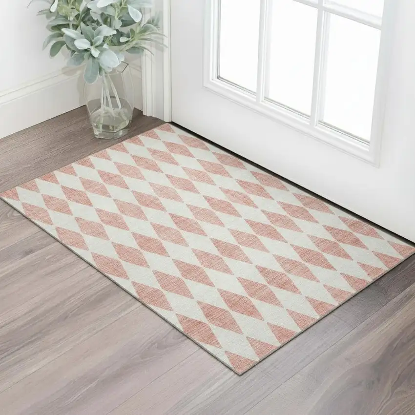 Salmon And Ivory Diamond Washable Area Rug With UV Protection Photo 1