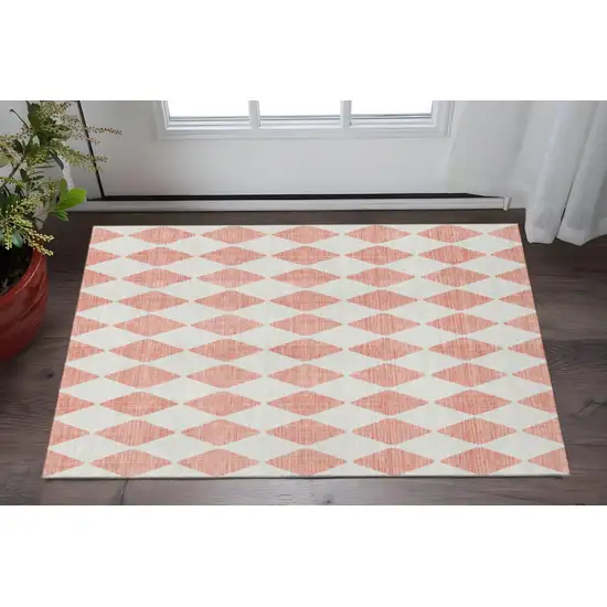Salmon And Ivory Diamond Washable Area Rug With UV Protection Photo 3