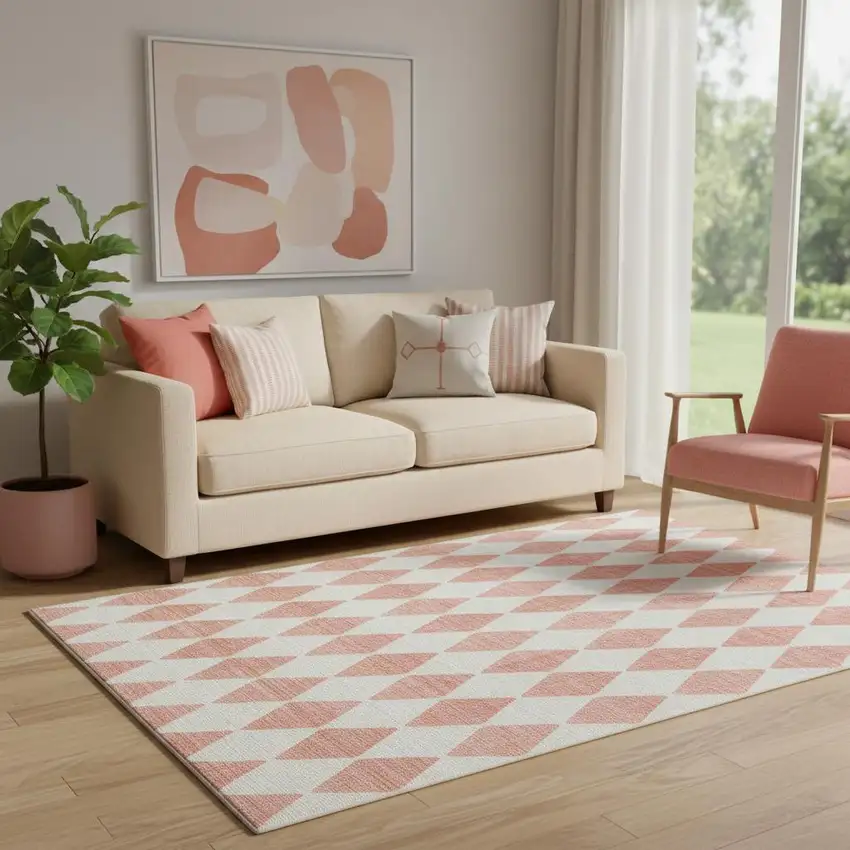 Salmon And Ivory Diamond Washable Area Rug With UV Protection Photo 1