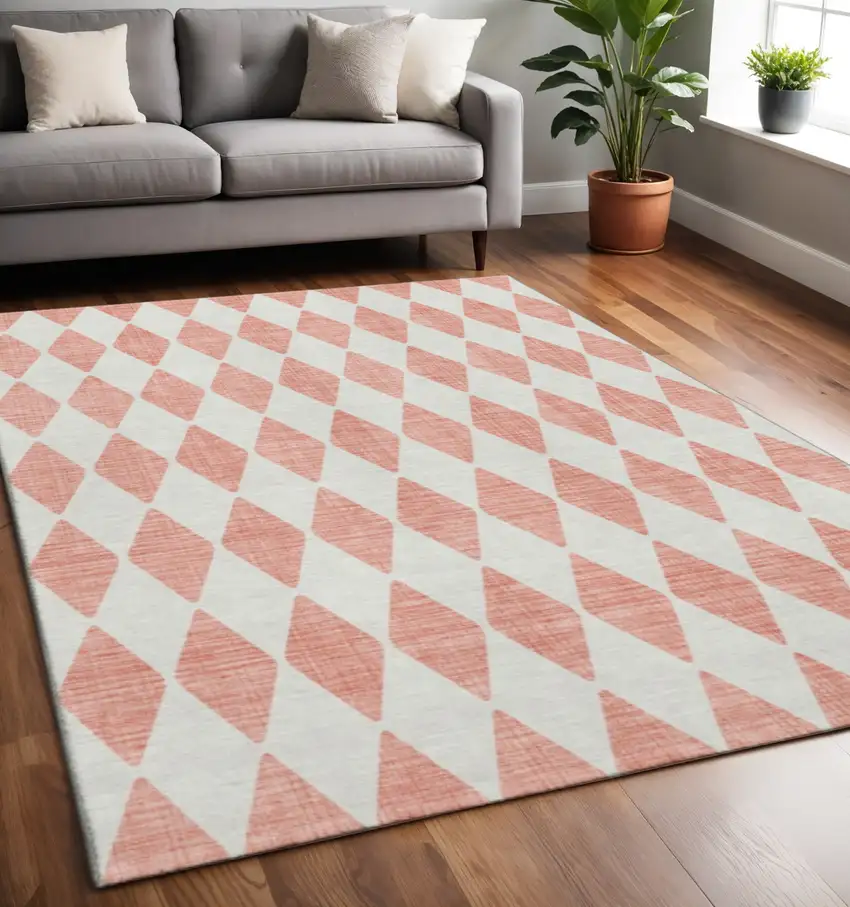 Salmon And Ivory Diamond Washable Area Rug With UV Protection Photo 2