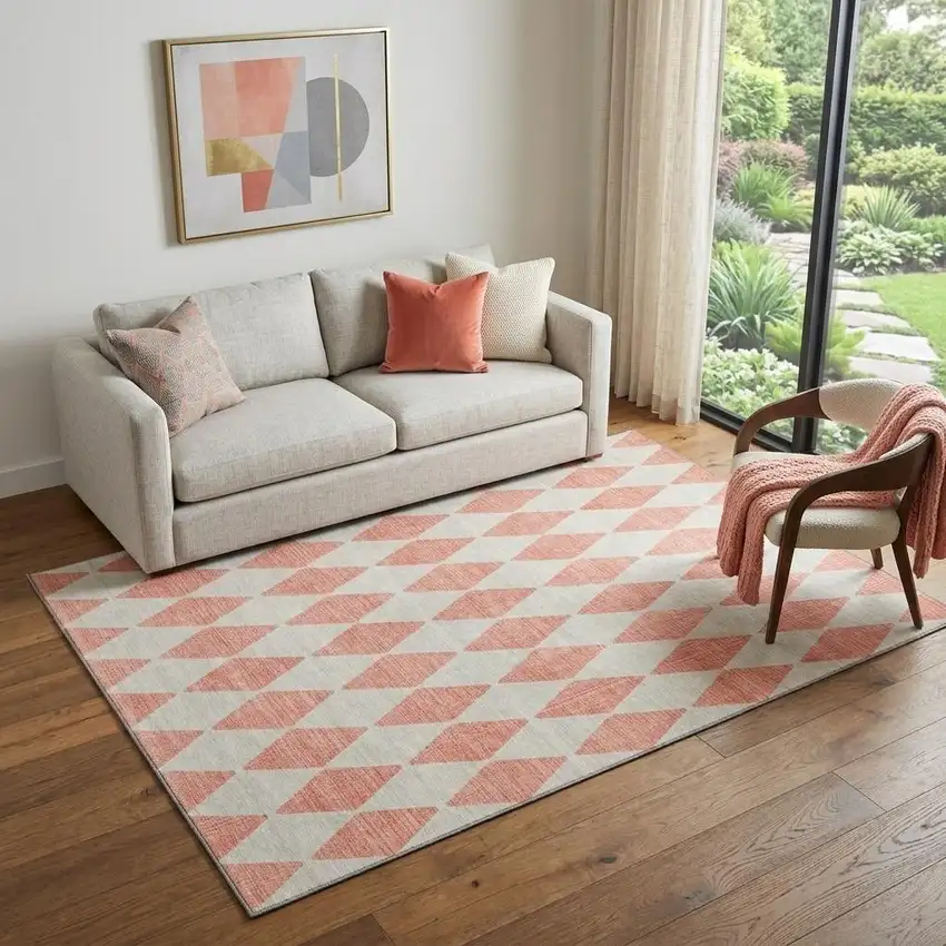 Salmon And Ivory Diamond Washable Area Rug With UV Protection Photo 1