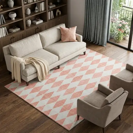 Salmon And Ivory Diamond Washable Area Rug With UV Protection Photo 1
