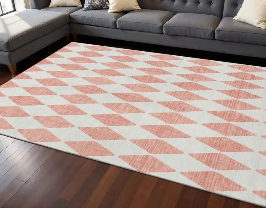 Salmon And Ivory Diamond Washable Area Rug With UV Protection Photo 2