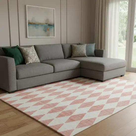 Salmon And Ivory Diamond Washable Area Rug With UV Protection Photo 1