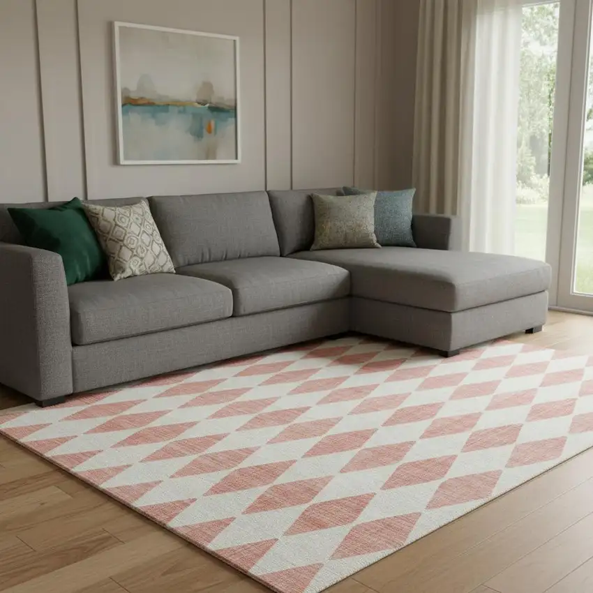 Salmon And Ivory Diamond Washable Area Rug With UV Protection Photo 1