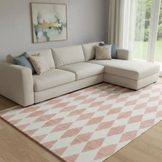 Salmon And Ivory Diamond Washable Area Rug With UV Protection Photo 1