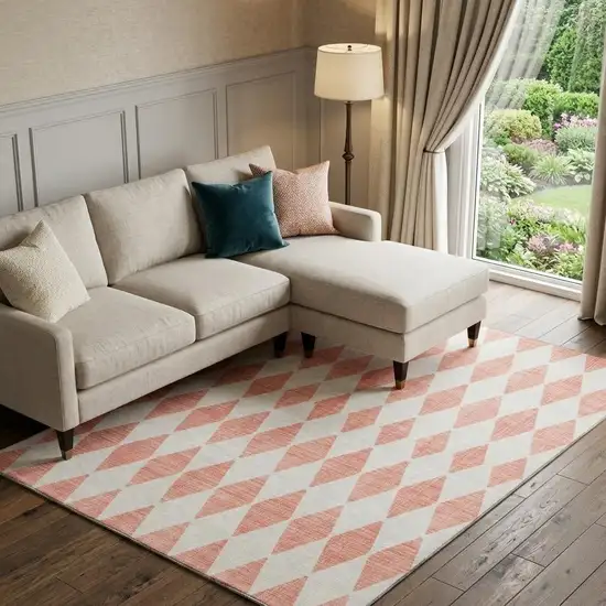 Salmon And Ivory Diamond Washable Area Rug With UV Protection Photo 1