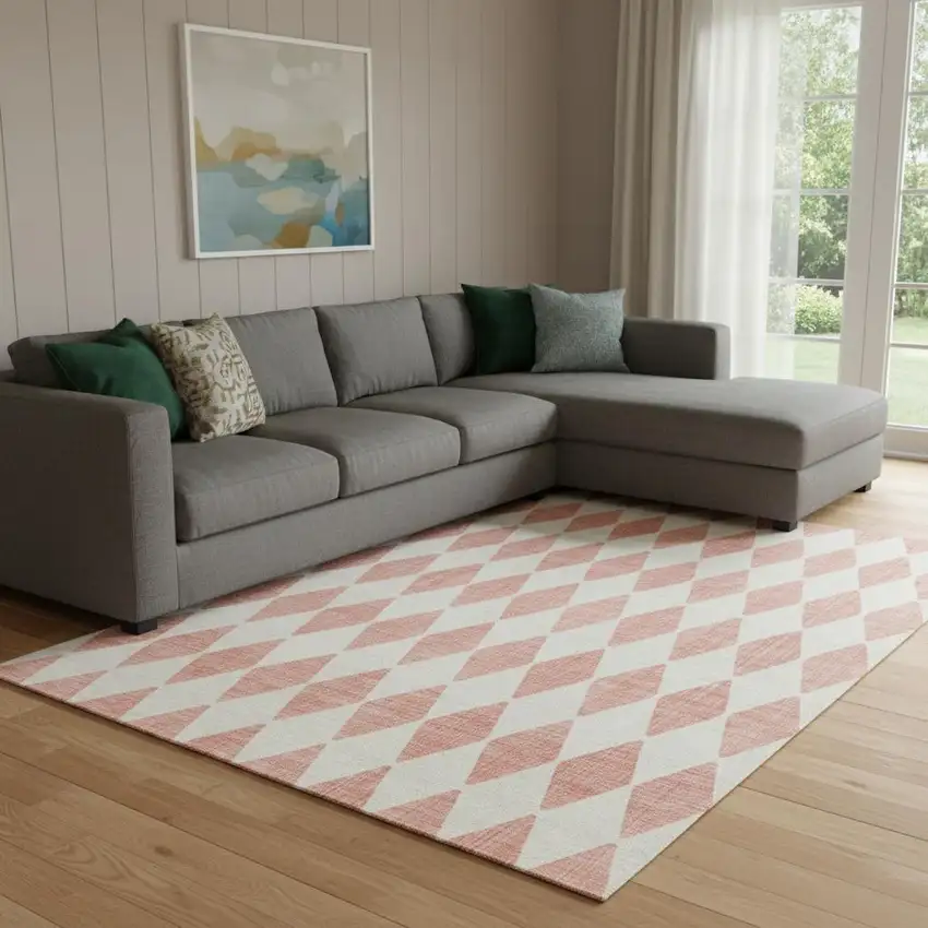 Salmon And Ivory Diamond Washable Area Rug With UV Protection Photo 1