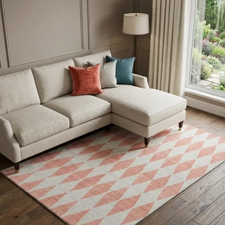 Salmon And Ivory Diamond Washable Area Rug With UV Protection Photo 1