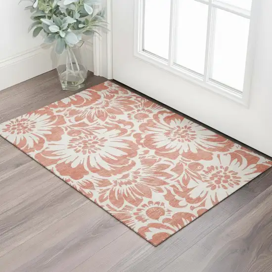 Salmon And Ivory Floral Washable Area Rug With UV Protection Photo 1