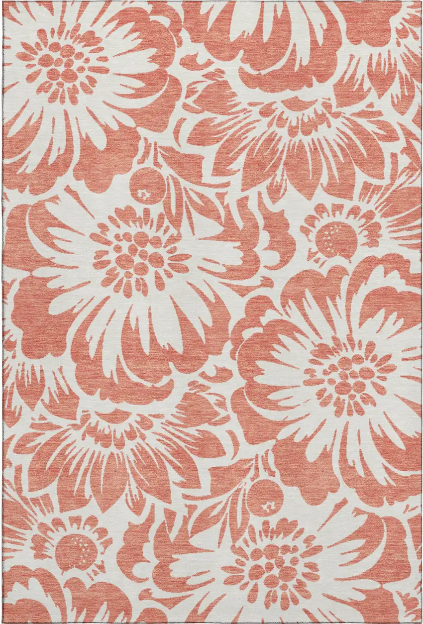 Salmon And Ivory Floral Washable Area Rug With UV Protection Photo 1
