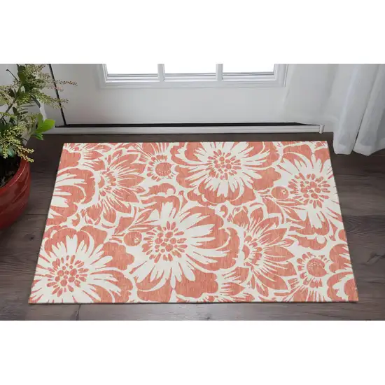 Salmon And Ivory Floral Washable Area Rug With UV Protection Photo 2