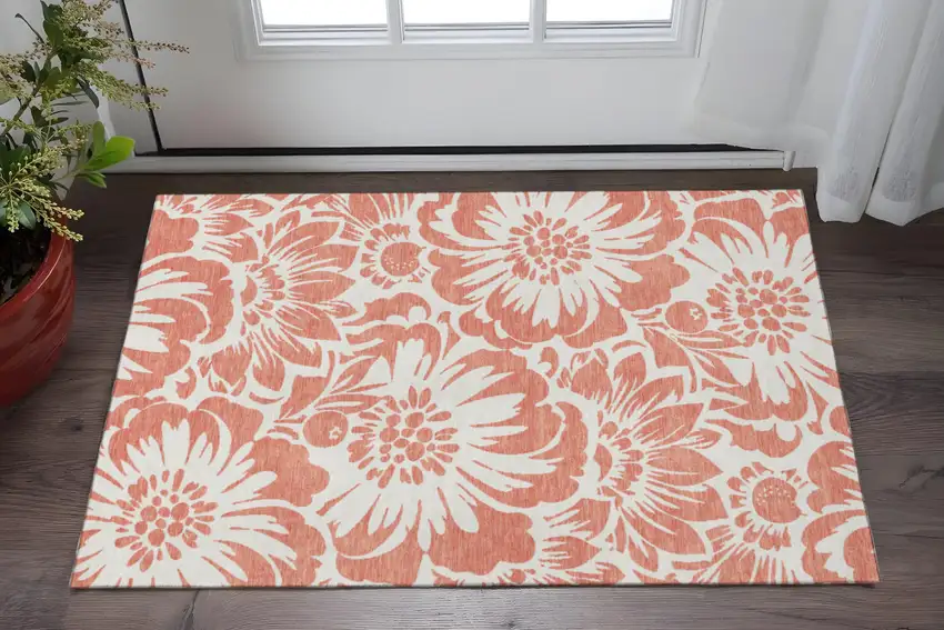 Salmon And Ivory Floral Washable Area Rug With UV Protection Photo 2