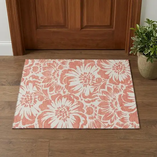 Salmon And Ivory Floral Washable Area Rug With UV Protection Photo 1