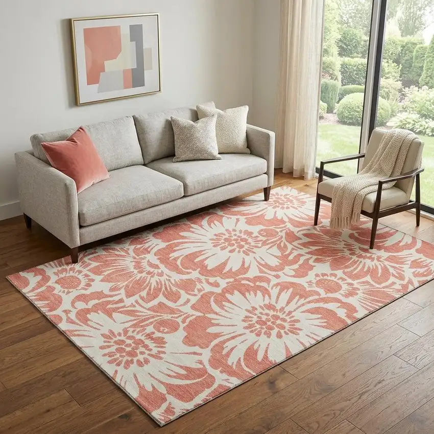 Salmon And Ivory Floral Washable Area Rug With UV Protection Photo 1