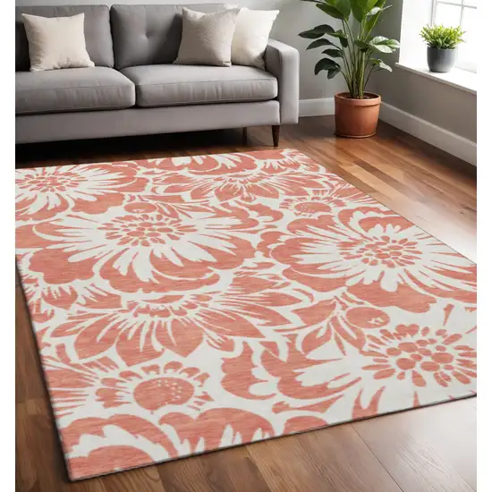 Salmon And Ivory Floral Washable Area Rug With UV Protection Photo 2