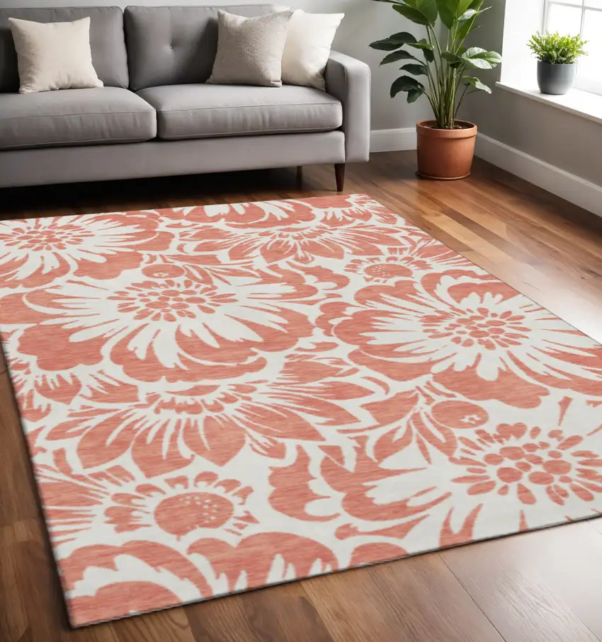 Salmon And Ivory Floral Washable Area Rug With UV Protection Photo 2
