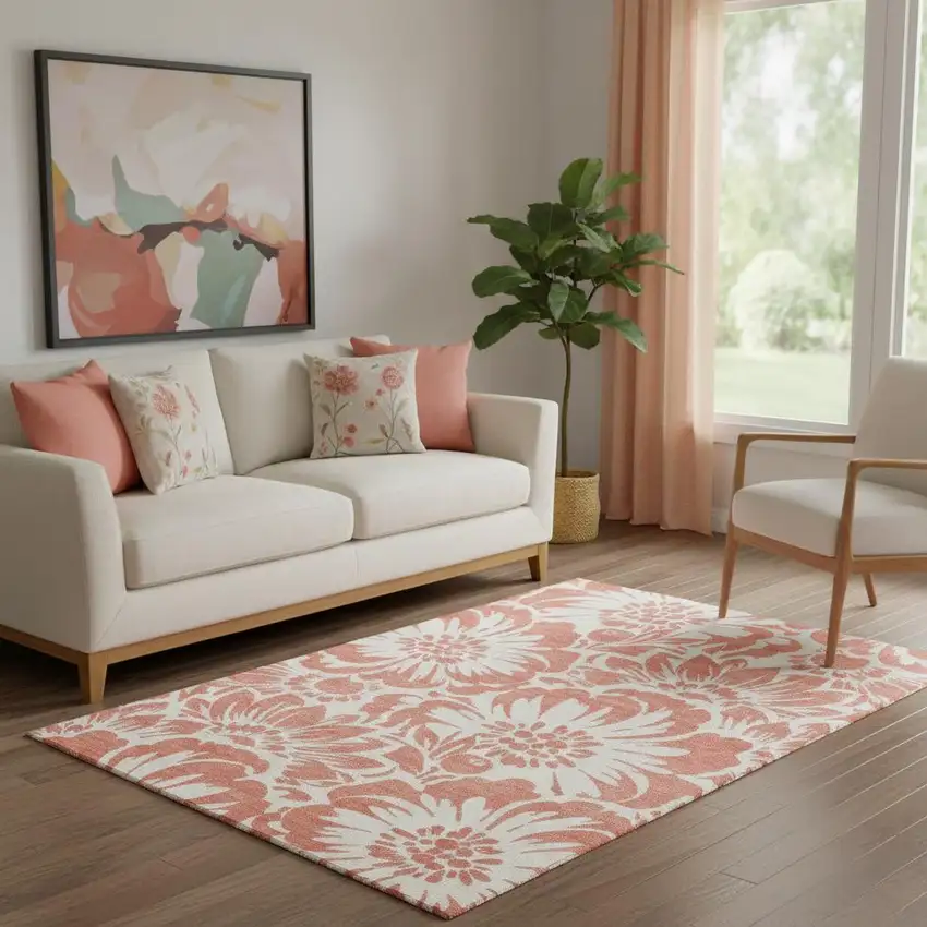 Salmon And Ivory Floral Washable Area Rug With UV Protection Photo 1