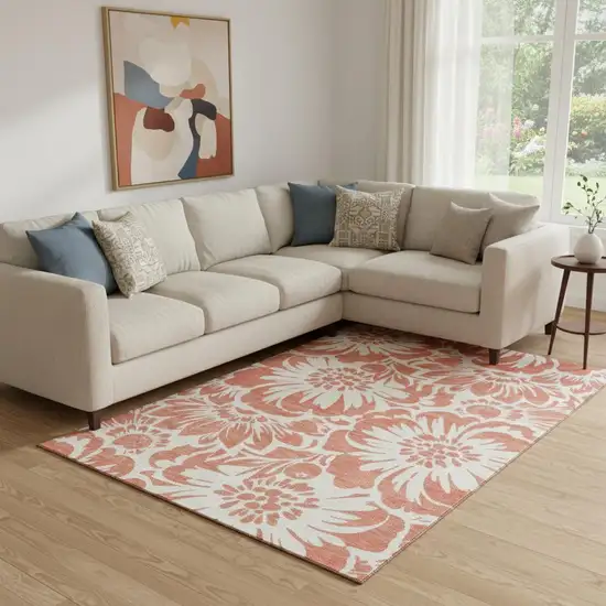 Salmon And Ivory Floral Washable Area Rug With UV Protection Photo 1