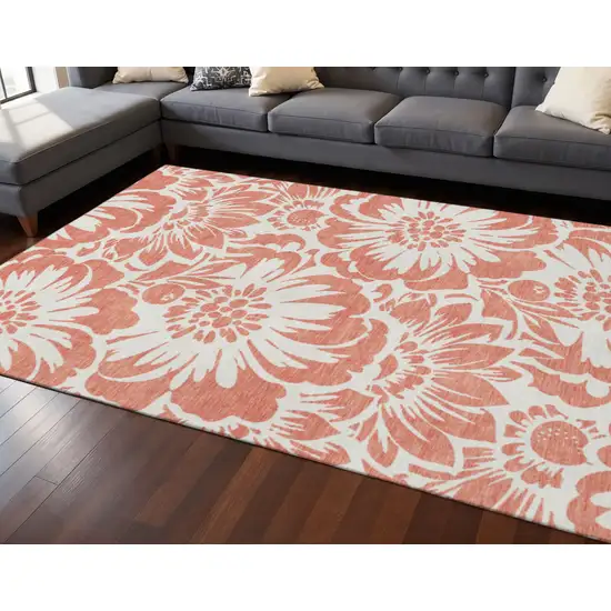 Salmon And Ivory Floral Washable Area Rug With UV Protection Photo 2