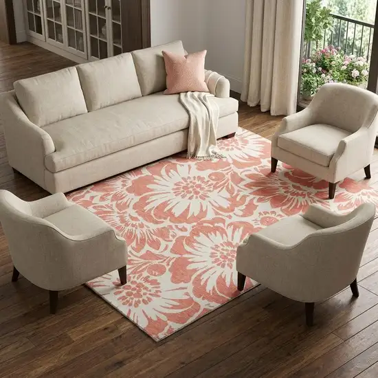 Salmon And Ivory Floral Washable Area Rug With UV Protection Photo 1