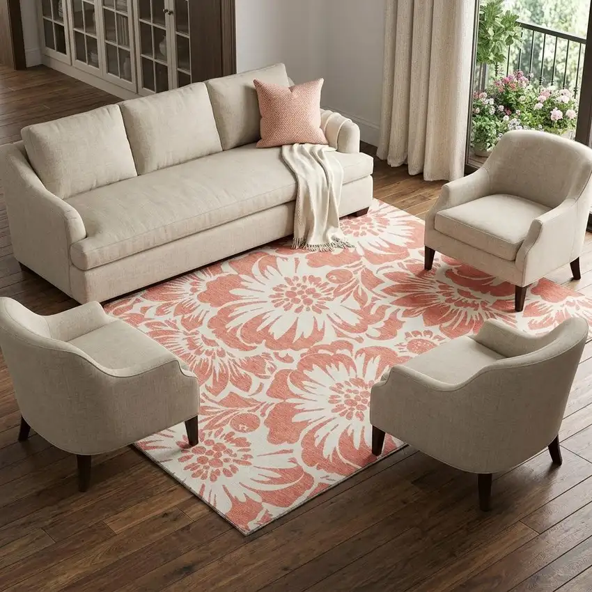 Salmon And Ivory Floral Washable Area Rug With UV Protection Photo 1