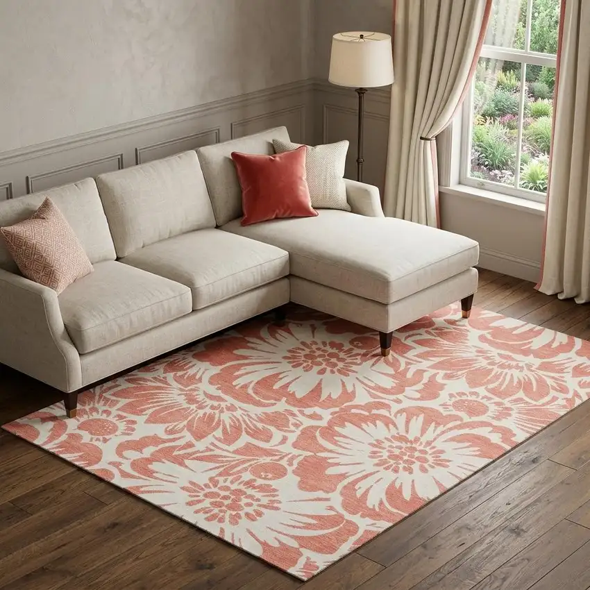 Salmon And Ivory Floral Washable Area Rug With UV Protection Photo 1