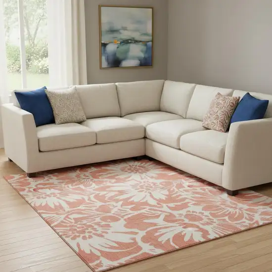 Salmon And Ivory Floral Washable Area Rug With UV Protection Photo 1