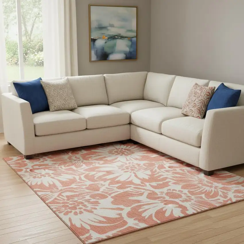 Salmon And Ivory Floral Washable Area Rug With UV Protection Photo 1